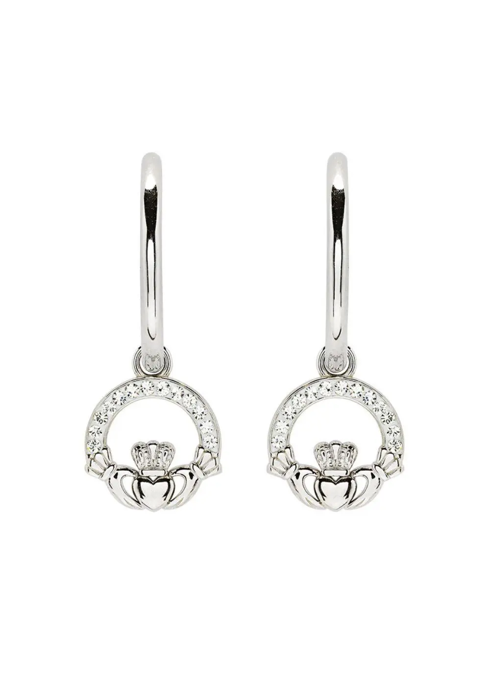 Sterling Silver Claddagh Hoop Earrings with White Cubic Zirconia
